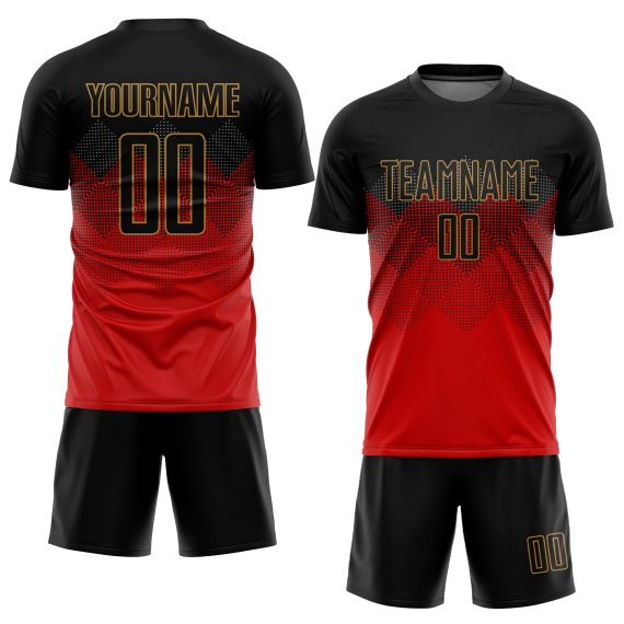 Custom Red Black-Old Gold Sublimation Soccer Uniform Jersey